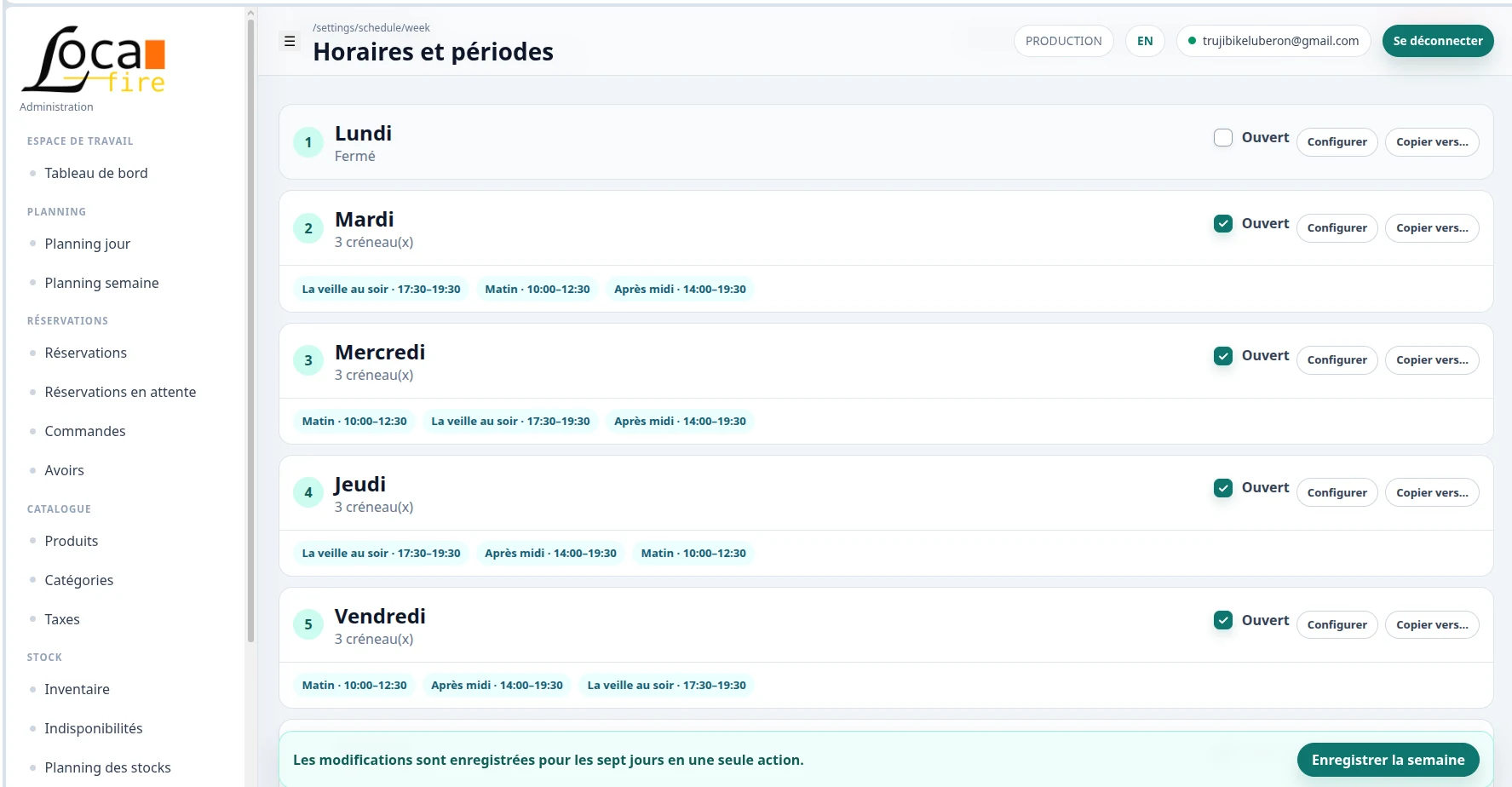 Configuration des horaires et périodes dans Locafire