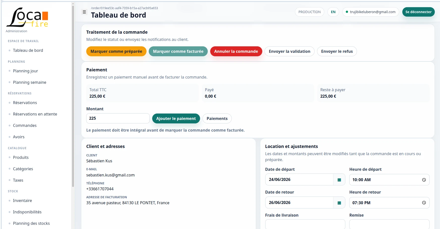 Gestion d’une commande et de son paiement dans Locafire