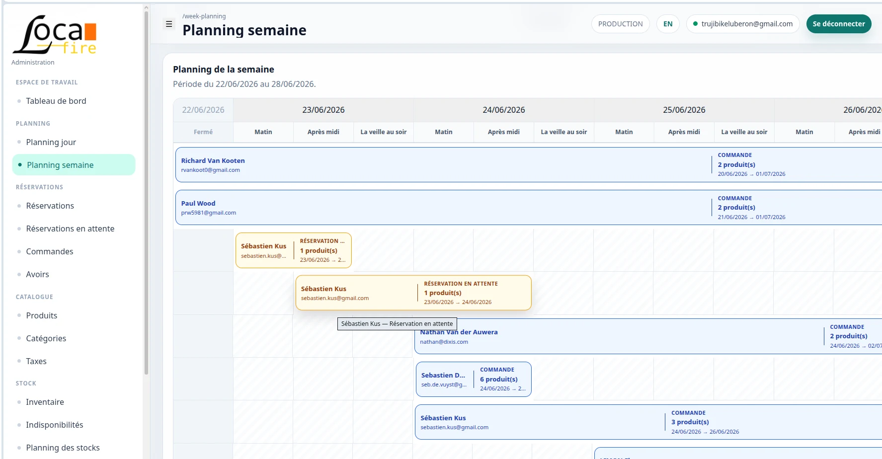 Planning hebdomadaire Locafire