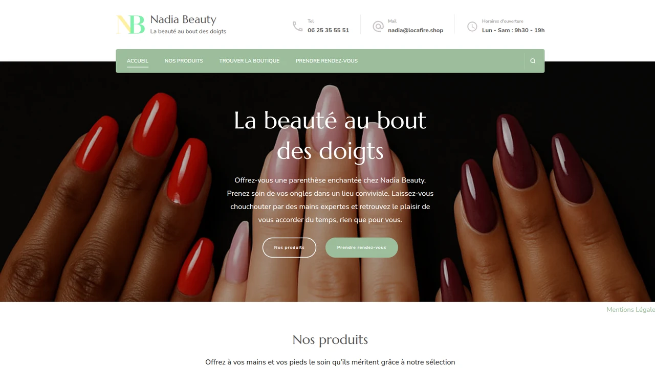 Page d’accueil complète du site Nadia Beauty
